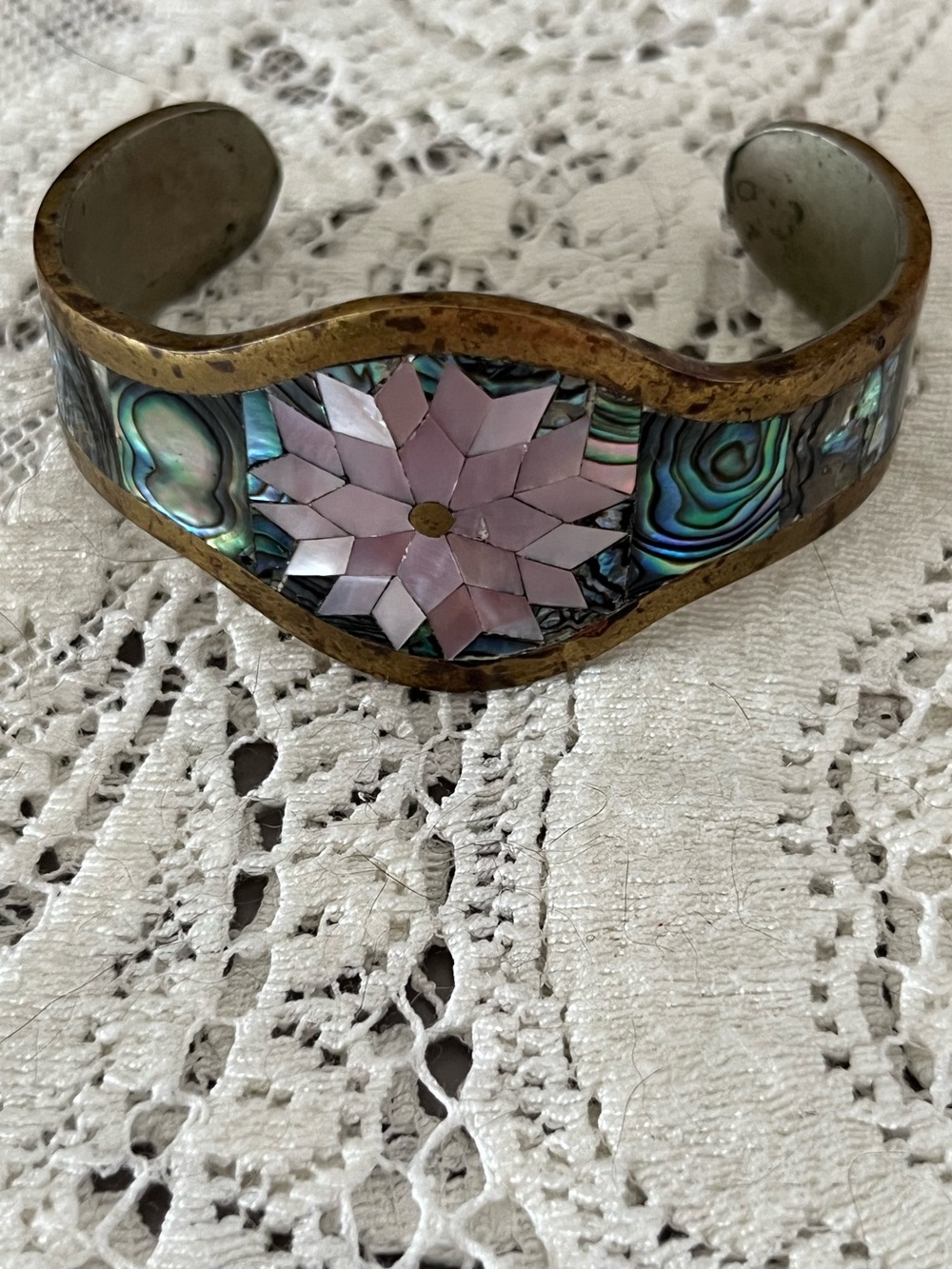 VINTAGE BRACELET abalone flower Mexican cuff - Picture 4 of 16